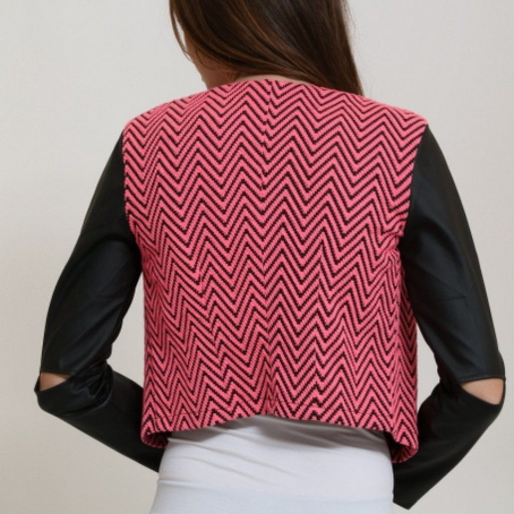 Fuschia Print Jacket w/ Faux leather sleeves - Picture 8 of 12